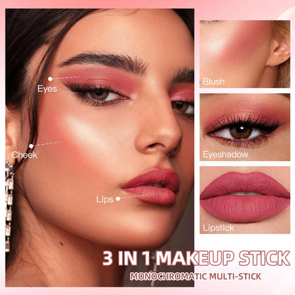 3-In-1 Cheek Blush Stick Lip Tinted Eyes Cheek Lips Brighten Cream Water-Resistant Moisturizing Face Contouring Shadow B