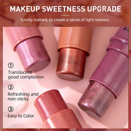3-In-1 Cheek Blush Stick Lip Tinted Eyes Cheek Lips Brighten Cream Water-Resistant Moisturizing Face Contouring Shadow B