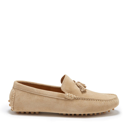 Tasselled Driving Loafers, Taupe Suede