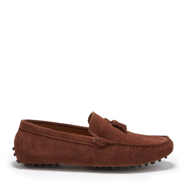 Tasselled Driving Loafers, Mahogany Brown Suede