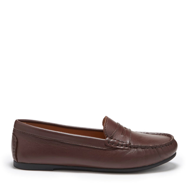 Women's Penny Driving Loafers Full Rubber Sole, Brown Leather