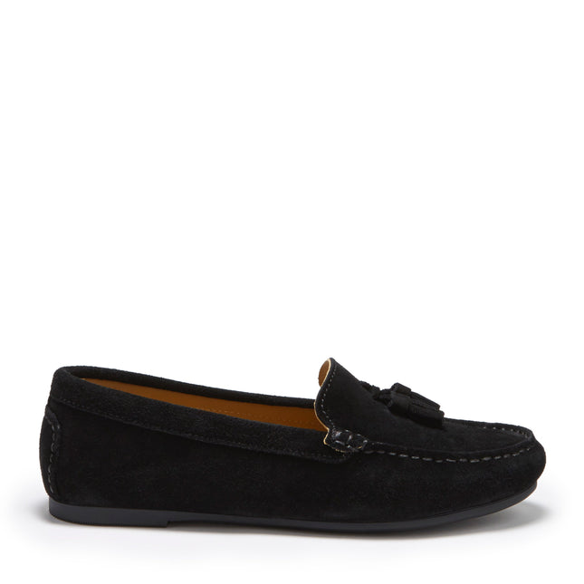 Women's Tasselled Driving Loafers Full Rubber Sole, Black Suede