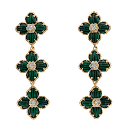 Flower Clover Triple Drop Earrings Malachite Gold