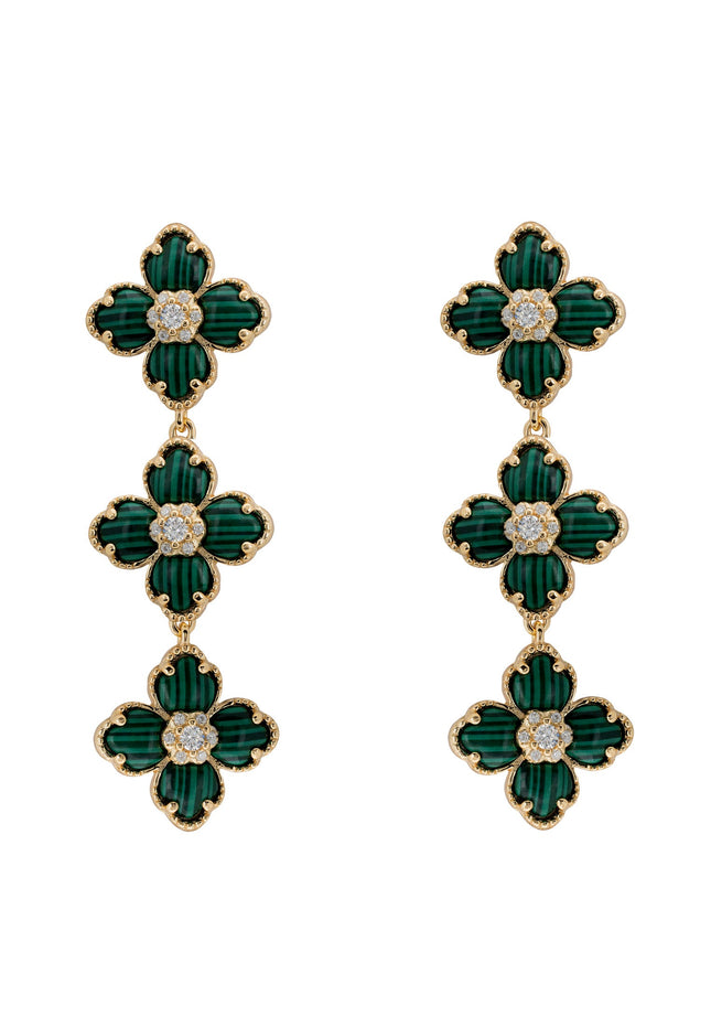 Flower Clover Triple Drop Earrings Malachite Gold