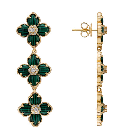 Flower Clover Triple Drop Earrings Malachite Gold