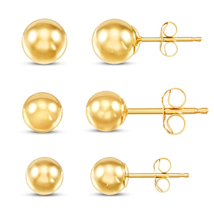 14K Yellow Gold Ball Stud Earrings Set – 3 Sizes (4mm, 5mm, 6mm) With Friction Backs