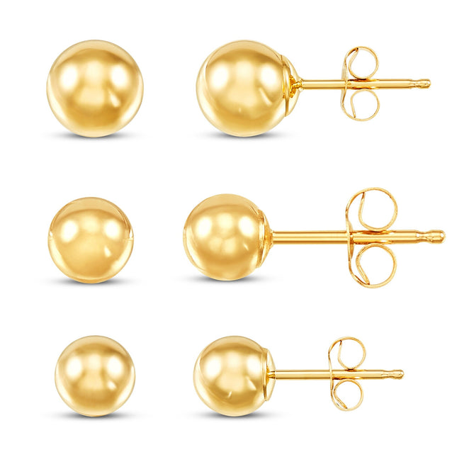 14K Yellow Gold Ball Stud Earrings Set – 3 Sizes (4mm, 5mm, 6mm) With Friction Backs