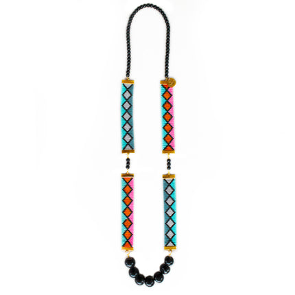 Miami Nights Long Woven Beaded Necklace  - Pink and Turquoise