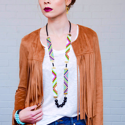 Acapulco Long Woven Beaded Necklace - Tribal Print