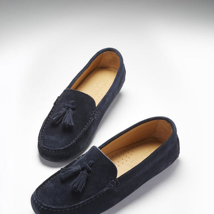 Women's Tasselled Driving Loafers, Navy Blue Suede
