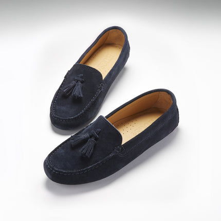 Women's Tasselled Driving Loafers, Navy Blue Suede