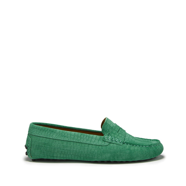 Women's Penny Driving Loafers, Emerald Embossed Suede