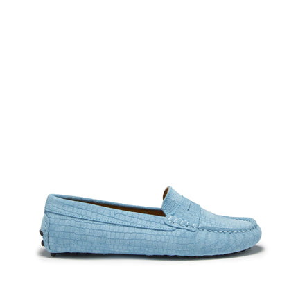 Women's Penny Driving Loafers, Blue Embossed Suede