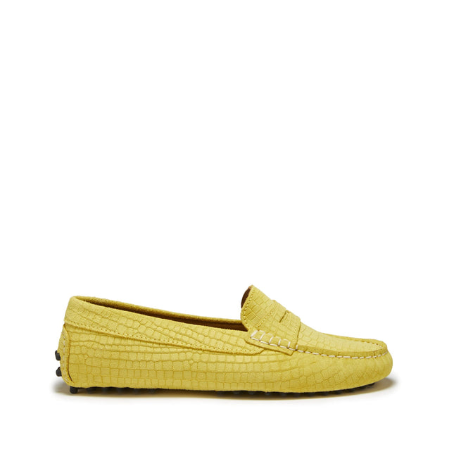 Women's Penny Driving Loafers, Yellow Embossed Suede