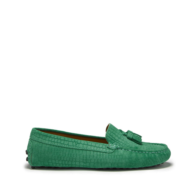 Women's Tasselled Driving Loafers, Emerald Embossed Suede