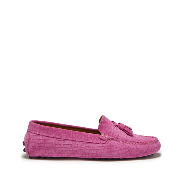 Women's Tasselled Driving Loafers, Pink Embossed Suede