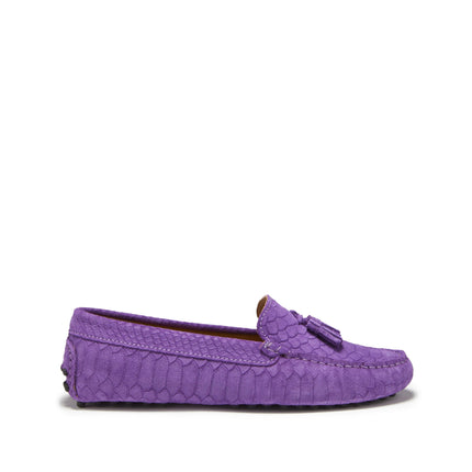 Women's Tasselled Driving Loafers, Purple Embossed Suede