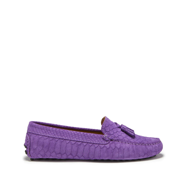 Women's Tasselled Driving Loafers, Purple Embossed Suede
