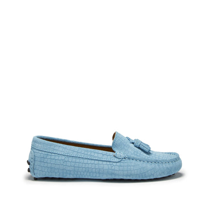 Women's Tasselled Driving Loafers, Blue Embossed Suede