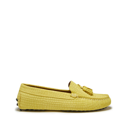 Women's Tasselled Driving Loafers, Yellow Embossed Suede