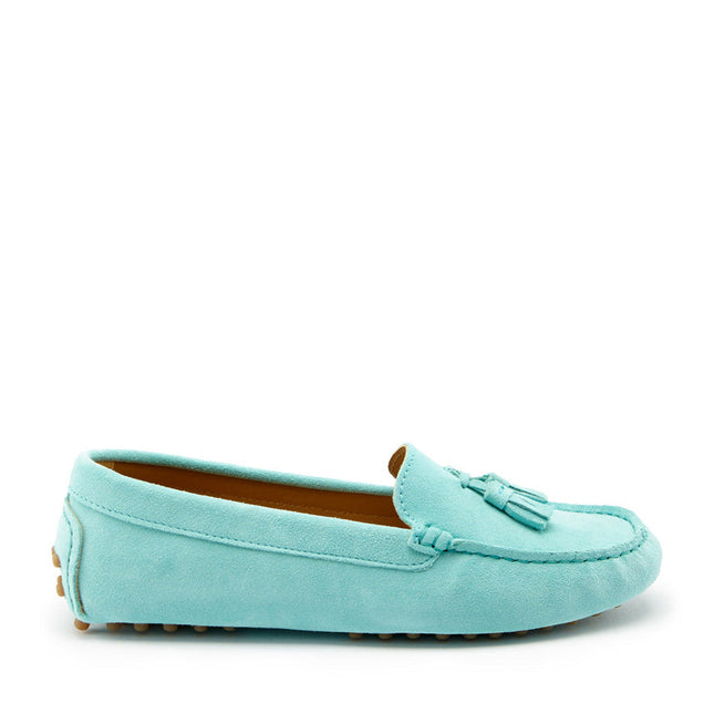 Women's Tasselled Driving Loafers, Aqua Suede