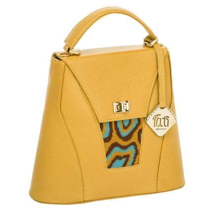 TATI BODUCH Designer Handbag, AGATE Collection, Genuine Leather: Mustard, Knitwear: Turquoise