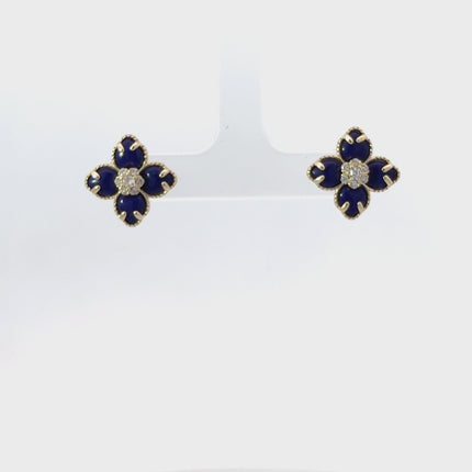 Flower Clover Lapis Lazuli Stud Earrings Gold