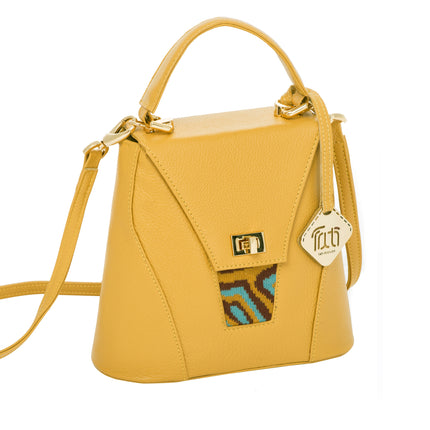 TATI BODUCH Designer Handbag, AGATE Mini Collection, Genuine Leather: Mustard, Knitwear: Turquoise