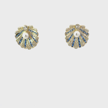 Art Deco Scallop Shell Earrings Sapphire Blue With Pearl Gold
