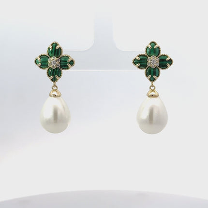 Flower Clover Pearl Drop Earrings Malachite Gold