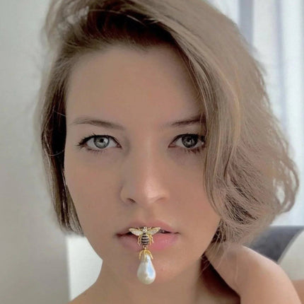 Baroque Pearl Honey Bee Drop Earrings Gold