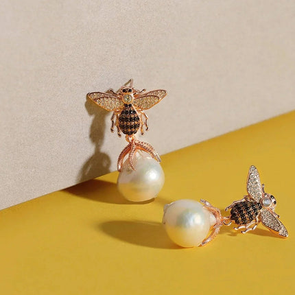 Baroque Pearl Honey Bee Drop Earrings Gold