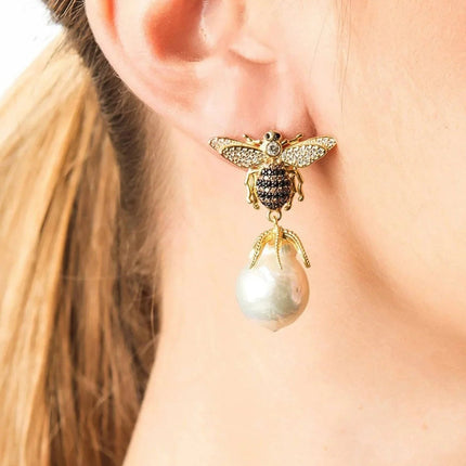 Baroque Pearl Honey Bee Drop Earrings Gold