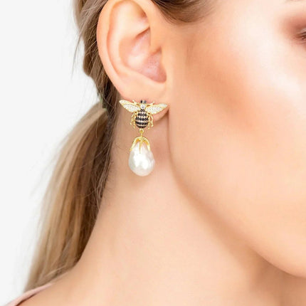 Baroque Pearl Honey Bee Drop Earrings Gold
