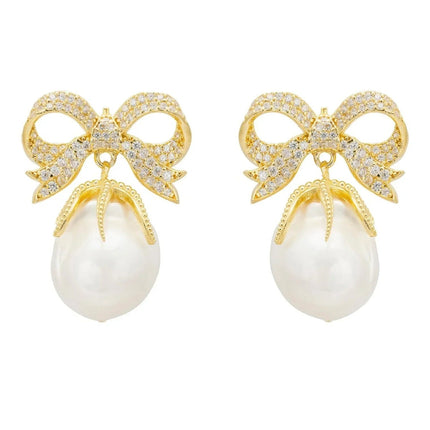 Baroque Pearl Ribbon and Bows Drop Earrings Gold