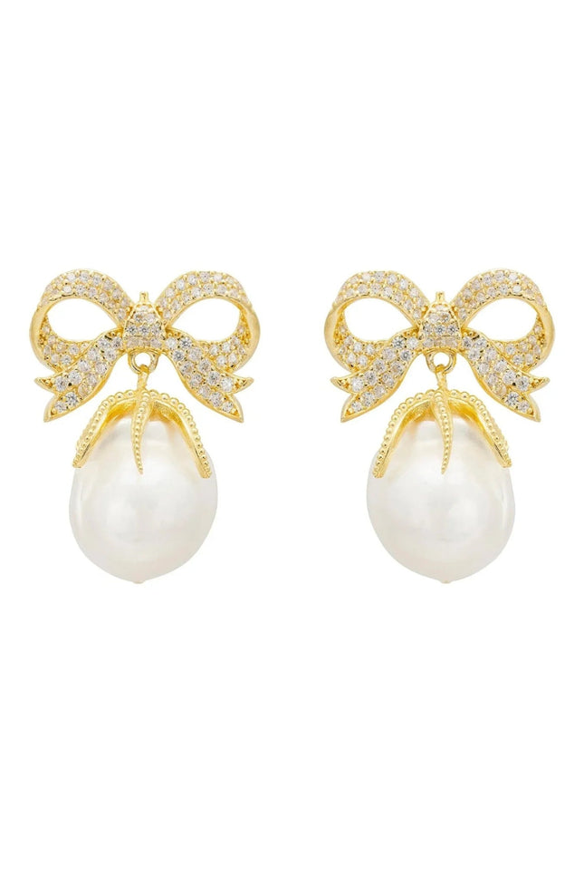 Baroque Pearl Ribbon and Bows Drop Earrings Gold