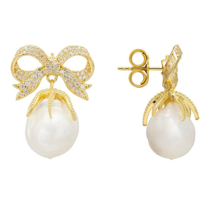 Baroque Pearl Ribbon and Bows Drop Earrings Gold
