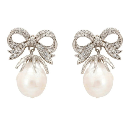 Baroque Pearl Ribbon and Bows Drop Earrings Silver