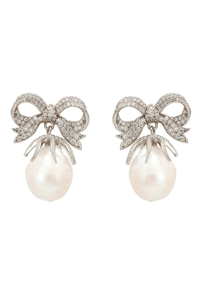 Baroque Pearl Ribbon and Bows Drop Earrings Silver