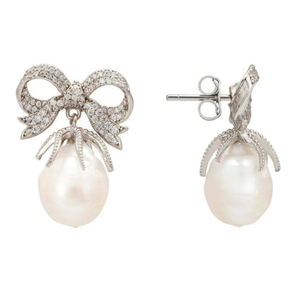 Baroque Pearl Ribbon and Bows Drop Earrings Silver