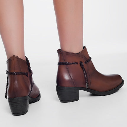 Brown Blocked Mid Heeled Ankle Boots With Round Toe