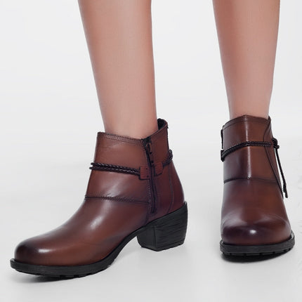 Brown Blocked Mid Heeled Ankle Boots With Round Toe