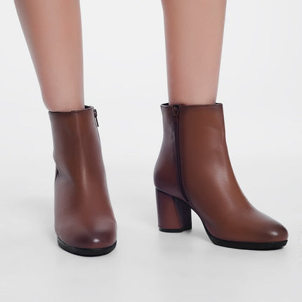 Brown Blocked Mid Heeled Ankle Boots