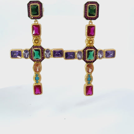 Maria Extra Large Gemstone Fashion Earrings Gold (Cross)