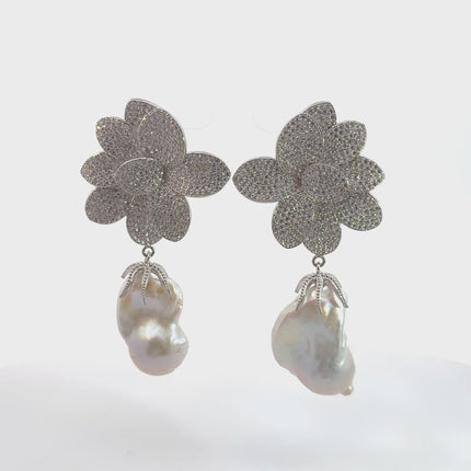 Amaryllis Flower Baroque Pearl Drop Earrings White Silver