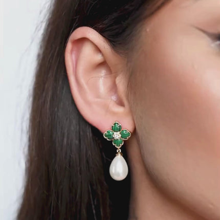 Flower Clover Pearl Drop Earrings Malachite Gold