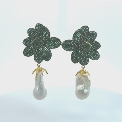 Amaryllis Flower Baroque Pearl Drop Earrings Green Gold