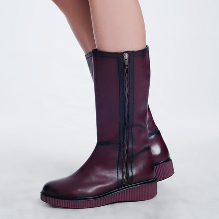 Chunky Zip Boots in Maroon