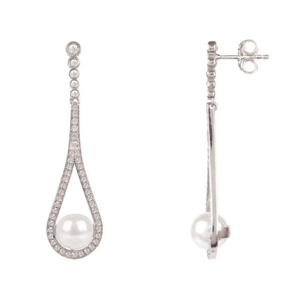 Cradled Pearl Drop Earrings Silver