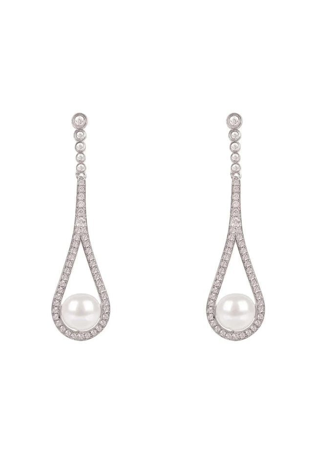 Cradled Pearl Drop Earrings Silver